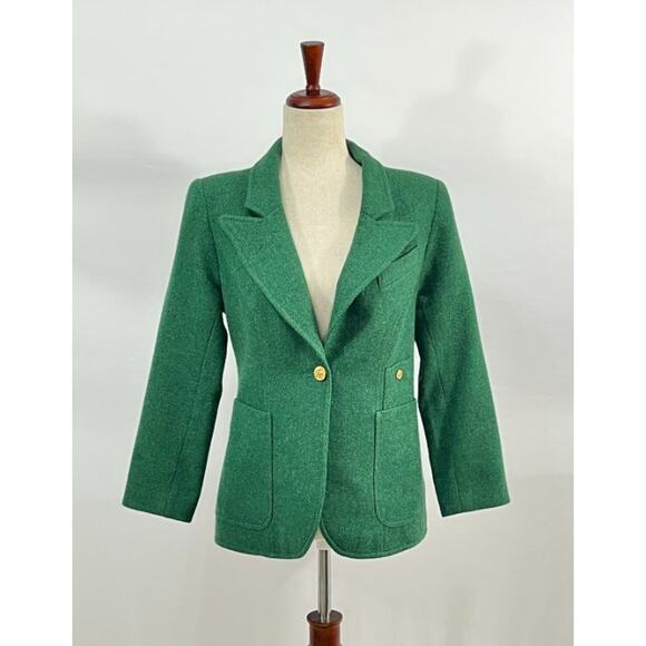 SMYTHE Sz 10 Green Duchess Wool Elbow Patch Suede Trim Jacket Blazer - Picture 8 of 13